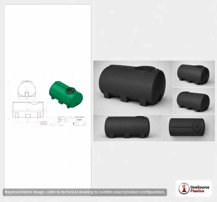 Dimensional spec drawing for Enduraplas 400 Gallon Horizontal Leg Tank (74" L x 46" W x 37" H)