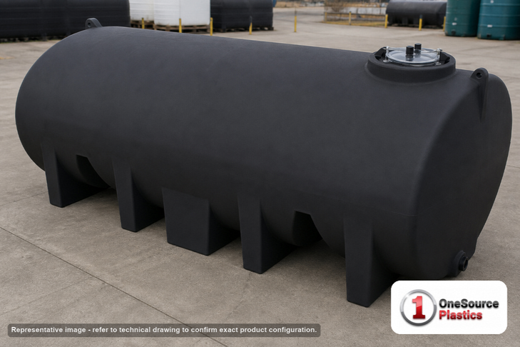 Enduraplas 3500 Gallon Black Horizontal Leg Tank. Polyethylene; Black; dimensions 70.0in H x 95.0in W x 179.0in L; 1540.0 lb empty; 1.9 specific gravity rating; fittings: 1 Outlet , 1 Manway / Lid; 10 Year Warranty with Activation. Manufacturer part number THF03500B. Sold by OneSource Plastics (https://www.onesourceplastics.com).