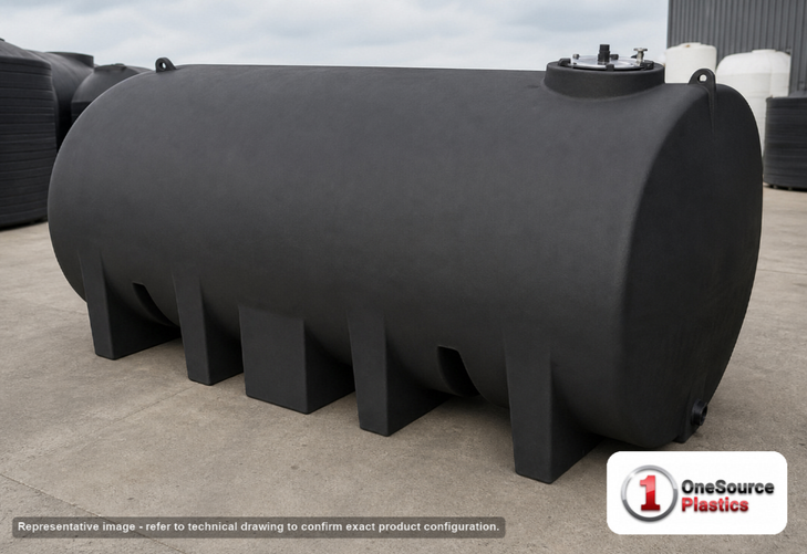 Enduraplas 4500 Gallon Black Horizontal Leg Tank. Polyethylene; Black; 84" H x 95" W x 179" L; fittings: 1 Outlet, 1 Manway