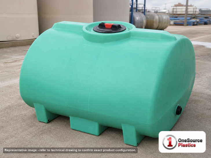 Enduraplas 150 Gallon Green Horizontal Leg Tank. Polyethylene; Green; dimensions 28.0in H x 41.0in W x 46.0in L; 70.0 lb empty; 1.9 specific gravity rating; fittings: 1 Outlet , 1 Manway / Lid; 10 Year Warranty with Activation. Manufacturer part number THF00150G. Sold by OneSource Plastics (https://www.onesourceplastics.com).