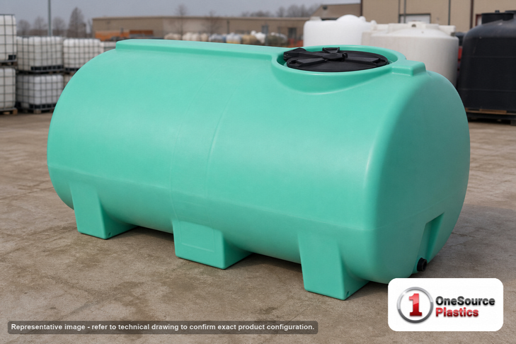 Enduraplas 400 Gallon Green Horizontal Leg Tank. Polyethylene; Green; 37" H x 46" W x 74" L; fittings: 1 Outlet, 1 Manway /