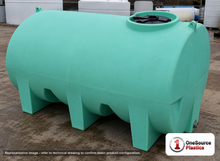 Enduraplas 1200 Gallon Green Horizontal Leg Tank. Polyethylene; Green; dimensions 59.0in H x 70.0in W x 102.0in L; 495.0 lb empty; 1.9 specific gravity rating; fittings: 1 Outlet , 1 Manway / Lid; 10 Year Warranty with Activation. Manufacturer part number THF01200G. Sold by OneSource Plastics (https://www.onesourceplastics.com).