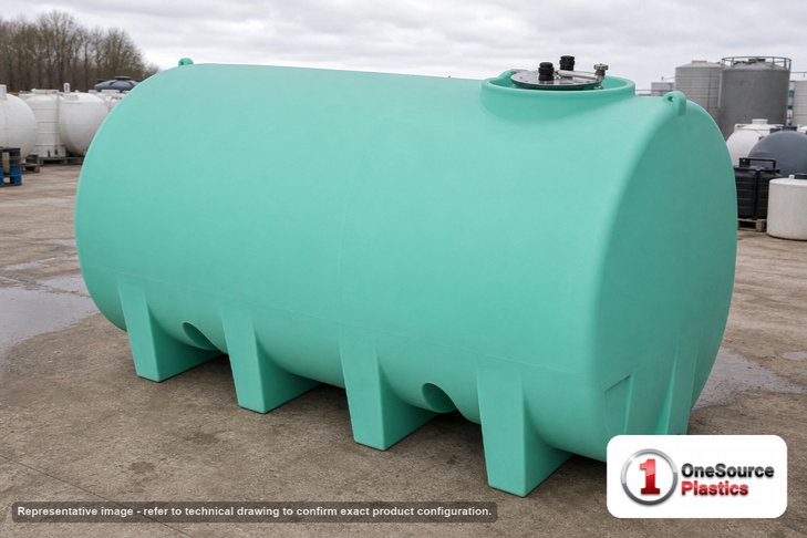 Enduraplas 2200 Gallon Green Horizontal Leg Tank. Polyethylene; Green; 72" H x 71" W x 130" L; fittings: 1 Outlet, 1 Manway