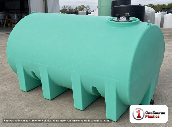 Enduraplas 2500 Gallon Green Horizontal Leg Tank. Polyethylene; Green; dimensions 75.0in H x 87.0in W x 130.0in L; 1045.0 lb empty; 1.9 specific gravity rating; fittings: 1 Outlet , 1 Manway / Lid; 10 Year Warranty with Activation. Manufacturer part number THF02500G. Sold by OneSource Plastics (https://www.onesourceplastics.com).