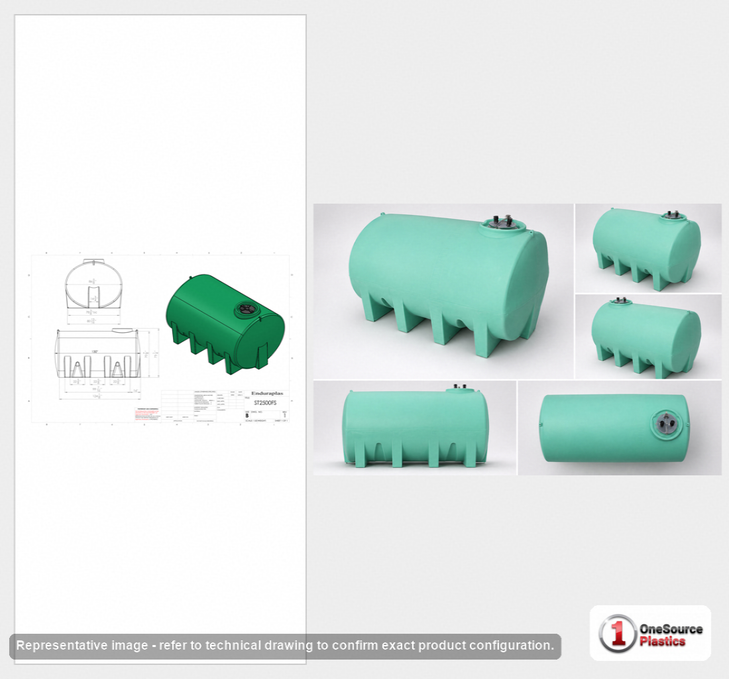 Dimensional spec drawing for Enduraplas 2500 Gallon Horizontal Leg Tank (130" L x 87" W x 75" H)
