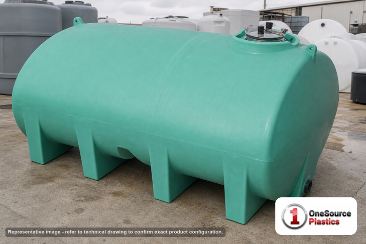 Enduraplas 2800 Gallon Green Horizontal Leg Tank. Polyethylene; Green; dimensions 75.0in H x 97.0in W x 145.0in L; 1166.0 lb empty; 1.9 specific gravity rating; fittings: 1 Outlet , 1 Manway / Lid; 10 Year Warranty with Activation. Manufacturer part number THF02800G. Sold by OneSource Plastics (https://www.onesourceplastics.com).