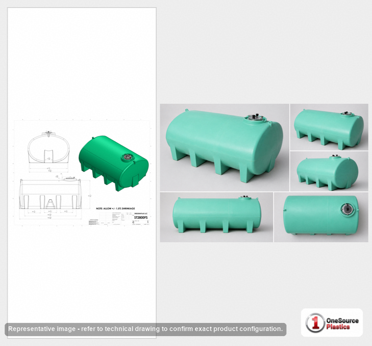 Dimensional spec drawing for Enduraplas 2800 Gallon Horizontal Leg Tank (145" L x 97" W x 75" H)