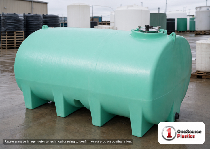 Enduraplas 3200 Gallon Green Horizontal Leg Tank. Polyethylene; Green; 79" H x 97" W x 145" L; fittings: 1 Outlet, 1 Manway