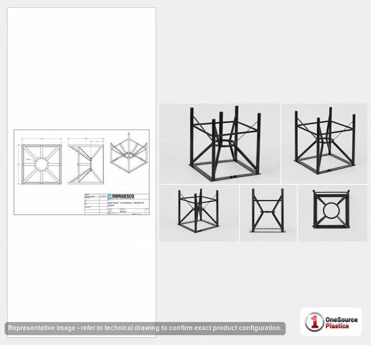 Dimensional spec drawing for Norwesco 300/500 Gallon Cone Bottom Stand (38" L x 38" W x 34" H)