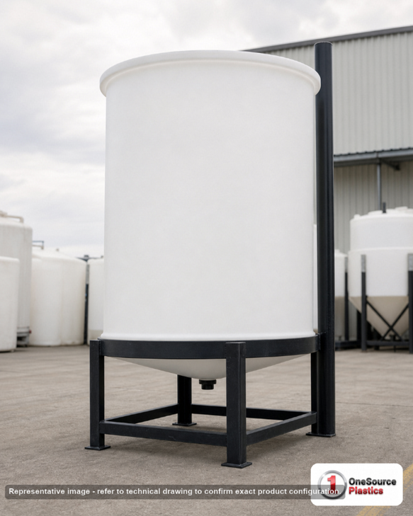 Chem-Tainer 55 Gallon 20 Degree Plastic Vertical Open Top Cone Bottom Tank. 55.0 gallon capacity; Polyethylene; dimensions 36.0in H x 22.0in W x 22.0in L; 25.0 lb empty; 1.5 specific gravity rating. Manufacturer part number TC2236CA. Sold by OneSource Plastics (https://www.onesourceplastics.com).