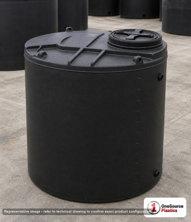 Snyder Industries 275 Gallon ASTM XLPE Black Heavy Duty Vertical Storage Tank. Crosslinked Linear Polyethylene; Black; dimensions 59.0in H x 47.0in W x 47.0in L; 96.0 lb empty; 1.9 specific gravity rating; fittings: 1 Manway / Lid; max temp 140 deg  F / 60 deg  C; 3 Year Warranty. Manufacturer part number 5740100n48. Manufactured by Snyder. Sold by OneSource Plastics (https://www.onesourceplastics.com).