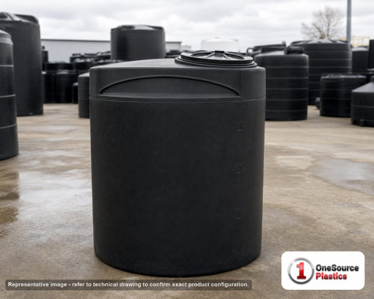 Snyder Industries 210 Gallon ASTM XLPE Black Heavy Duty Vertical Storage Tank. Crosslinked Linear Polyethylene; Black; dimensions 55.0in H x 36.0in W x 36.0in L; 70.0 lb empty; 1.9 specific gravity rating; fittings: 1 Manway / Lid; max temp 140 deg  F / 60 deg  C; 3 Year Warranty. Manufacturer part number 1012900n48. Manufactured by Snyder. Sold by OneSource Plastics (https://www.onesourceplastics.com).