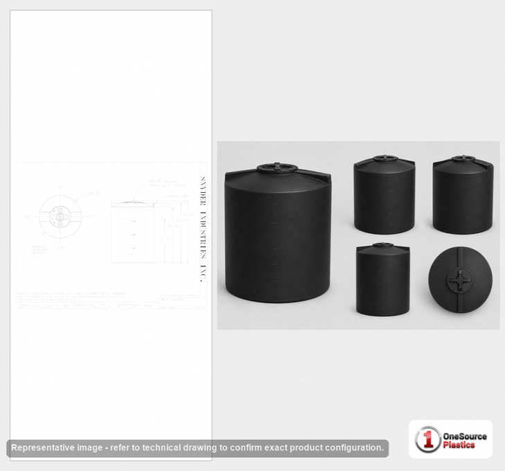 Dimensional spec drawing for Snyder 200 Gallon Vertical Storage Tank (36" L x 36" W x 53" H)
