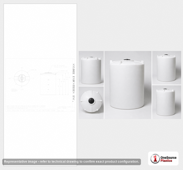 Dimensional spec drawing for Snyder 200 Gallon Vertical Storage Tank (36" L x 36" W x 53" H)
