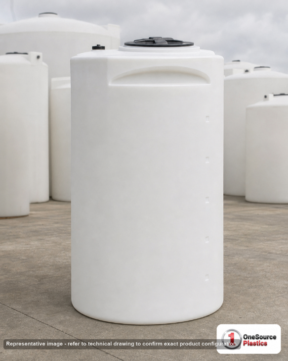 Snyder Industries 150 Gallon ASTM XLPE Heavy Duty Vertical Storage Tank. Crosslinked Linear Polyethylene; Natural White; dimensions 59.0in H x 30.0in W x 30.0in L; 55.0 lb empty; 1.9 specific gravity rating; fittings: 1 Manway / Lid; max temp 140 deg  F / 60 deg  C; 3 Year Warranty. Manufacturer part number 1012800n42. Sold by OneSource Plastics (https://www.onesourceplastics.com).