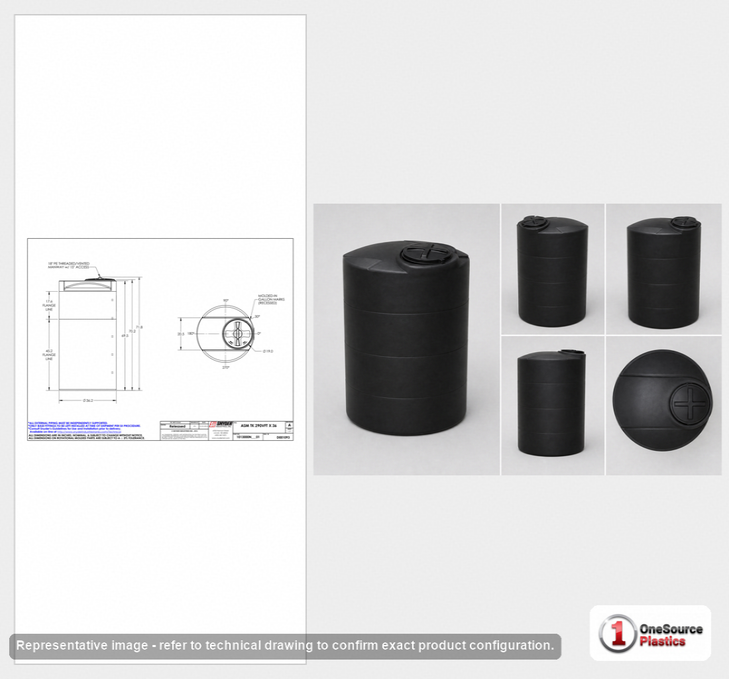 Dimensional spec drawing for Snyder 290 Gallon Vertical Storage Tank (36" L x 36" W x 72" H)