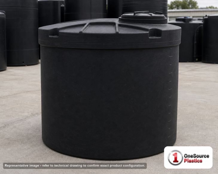 Snyder Industries 275 Gallon ASTM Black Heavy Duty Vertical Storage Tank. Polyethylene; Black; dimensions 59.0in H x 47.0in W x 47.0in L; 96.0 lb empty; 1.9 specific gravity rating; fittings: 1 Manway / Lid; max temp 120 deg  F / 48 deg  C; 3 Year Warranty. Manufacturer part number 5740100n51. Manufactured by Snyder. Sold by OneSource Plastics (https://www.onesourceplastics.com).