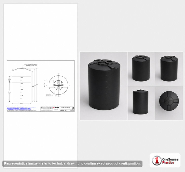 Dimensional spec drawing for Snyder 250 Gallon Vertical Storage Tank (36" L x 36" W x 64" H)