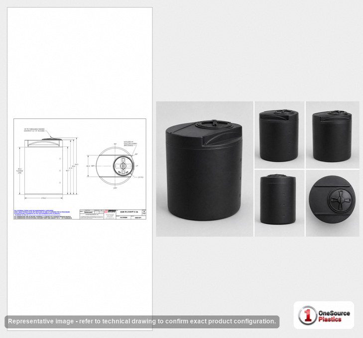 Dimensional spec drawing for Snyder 210 Gallon Vertical Storage Tank (36" L x 36" W x 55" H)