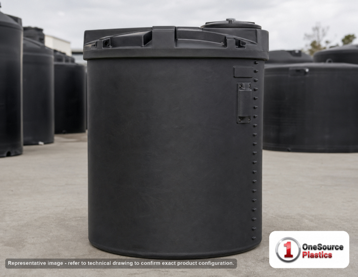 Snyder Industries 500 Gallon ASTM XLPE Black Heavy Duty Vertical Storage Tank. Crosslinked Linear Polyethylene; Black; dimensions 77.0in H x 53.0in W x 53.0in L; 141.0 lb empty; 1.9 specific gravity rating; fittings: 1 Manway / Lid; max temp 140 deg  F / 60 deg  C; 3 Year Warranty. Manufacturer part number 5780100n48. Manufactured by Snyder. Sold by OneSource Plastics (https://www.onesourceplastics.com).