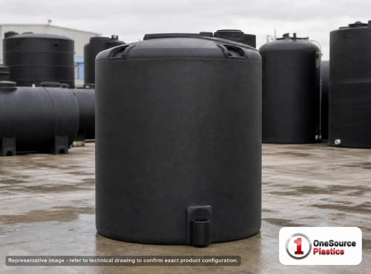 Snyder Industries 400 Gallon ASTM XLPE Black Heavy Duty Vertical Storage Tank. Crosslinked Linear Polyethylene; Black; dimensions 62.0in H x 45.0in W x 45.0in L; 85.0 lb empty; 1.9 specific gravity rating; fittings: 1 Manway / Lid; max temp 140 deg  F / 60 deg  C; 3 Year Warranty. Manufacturer part number 1740000n48. Manufactured by Snyder. Sold by OneSource Plastics (https://www.onesourceplastics.com).