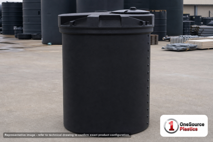 Snyder Industries 330 Gallon ASTM XLPE Black Heavy Duty Vertical Storage Tank. Crosslinked Linear Polyethylene; Black; dimensions 68.0in H x 47.0in W x 47.0in L; 108.0 lb empty; 1.9 specific gravity rating; fittings: 1 Manway / Lid; max temp 140 deg  F / 60 deg  C; 3 Year Warranty. Manufacturer part number 5750100n48. Manufactured by Snyder. Sold by OneSource Plastics (https://www.onesourceplastics.com).