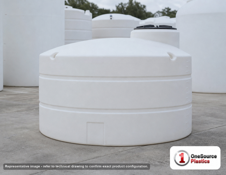 Snyder Industries 550 Gallon ASTM XLPE Heavy Duty Vertical Storage Tank. Crosslinked Linear Polyethylene; Natural White; dimensions 46.0in H x 64.0in W x 64.0in L; 100.0 lb empty; 1.9 specific gravity rating; fittings: 1 Manway / Lid; max temp 140 deg  F / 60 deg  C; 3 Year Warranty. Manufacturer part number 8060000n42. Sold by OneSource Plastics (https://www.onesourceplastics.com).