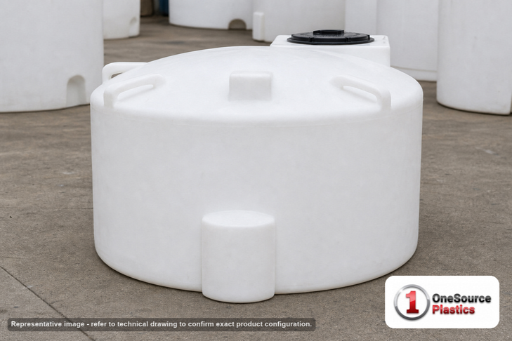 Snyder Industries 550 Gallon ASTM XLPE Heavy Duty Vertical Storage Tank. Crosslinked Linear Polyethylene; Natural White; dimensions 47.0in H x 64.0in W x 64.0in L; 100.0 lb empty; 1.9 specific gravity rating; fittings: 1 Manway / Lid; max temp 140 deg  F / 60 deg  C; 3 Year Warranty. Manufacturer part number 1820000n42. Manufactured by Snyder. Sold by OneSource Plastics (https://www.onesourceplastics.com).