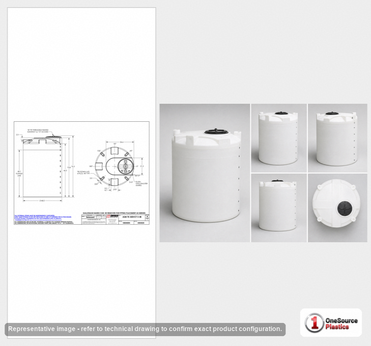 Dimensional spec drawing for Snyder 550 Gallon Vertical Storage Tank (48" L x 48" W x 75" H)