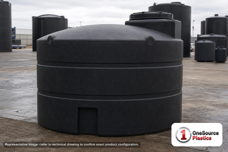Snyder Industries 550 Gallon ASTM Black Heavy Duty Vertical Storage Tank. Polyethylene; Black; dimensions 46.0in H x 64.0in W x 64.0in L; 100.0 lb empty; 1.9 specific gravity rating; fittings: 1 Manway / Lid; max temp 120 deg  F / 48 deg  C; 3 Year Warranty. Manufacturer part number 8060000n51. Sold by OneSource Plastics (https://www.onesourceplastics.com).