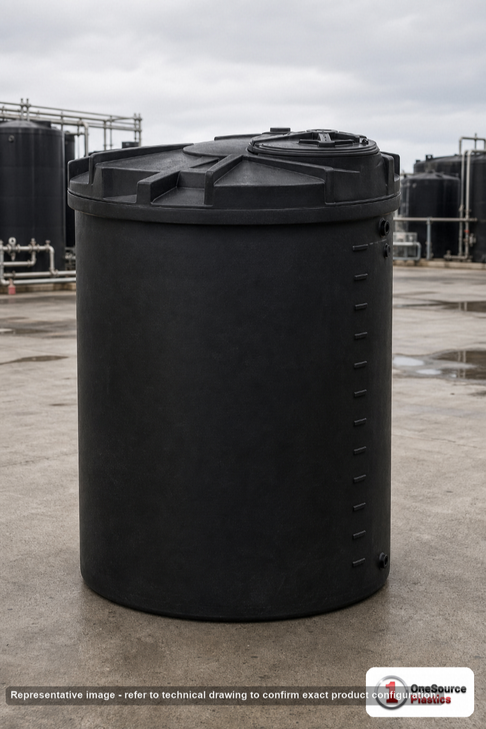 Snyder Industries 330 Gallon ASTM Black Heavy Duty Vertical Storage Tank. Polyethylene; Black; dimensions 68.0in H x 47.0in W x 47.0in L; 108.0 lb empty; 1.9 specific gravity rating; fittings: 1 Manway / Lid; max temp 120 deg  F / 48 deg  C; 3 Year Warranty. Manufacturer part number 5750100n51. Manufactured by Snyder. Sold by OneSource Plastics (https://www.onesourceplastics.com).