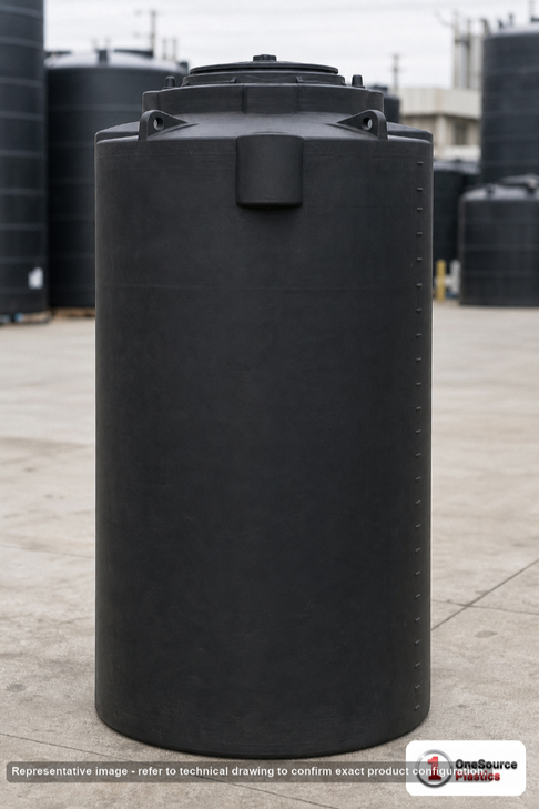 Snyder Industries 300 Gallon ASTM Black Heavy Duty Vertical Storage Tank. Polyethylene; Black; dimensions 80.0in H x 35.0in W x 35.0in L; 65.0 lb empty; 1.9 specific gravity rating; fittings: 1 Manway / Lid; max temp 120 deg  F / 48 deg  C; 3 Year Warranty. Manufacturer part number 1630000n51. Manufactured by Snyder. Sold by OneSource Plastics (https://www.onesourceplastics.com).