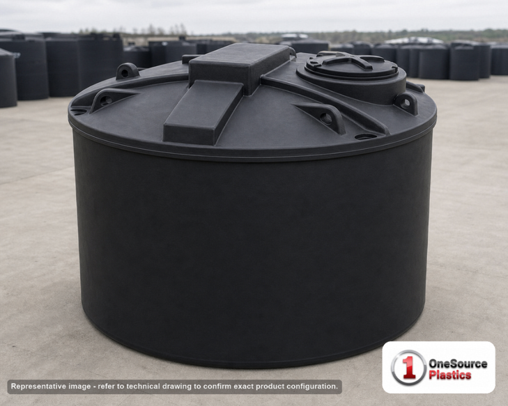 Snyder Industries 1000 Gallon ASTM HDPE Black Heavy Duty Vertical Storage Tank. High Density Linear Polyethylene; Black; dimensions 69.0in H x 74.0in W x 74.0in L; 320.0 lb empty; 1.9 specific gravity rating; fittings: 1 Manway / Lid; max temp 120 deg  F / 48 deg  C; 3 Year Warranty. Manufacturer part number 5990100n51. Manufactured by Snyder. Sold by OneSource Plastics (https://www.onesourceplastics.com).