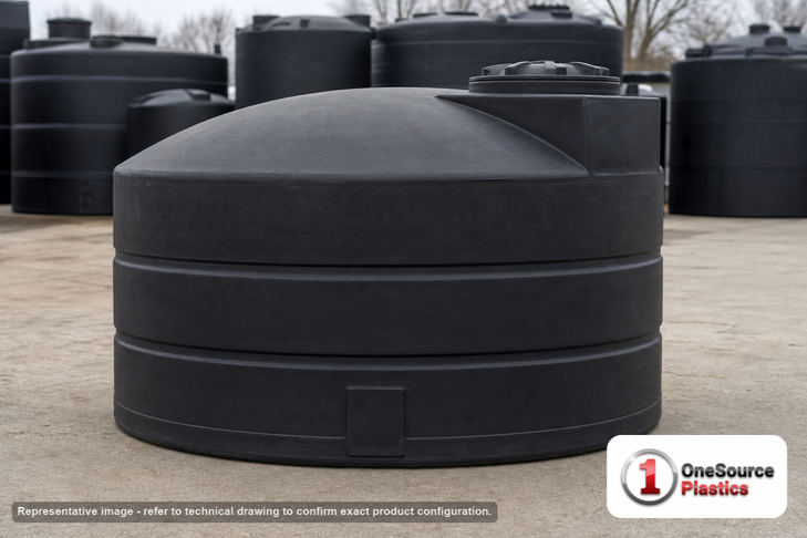 Snyder Industries 1100 Gallon ASTM XLPE Black Heavy Duty Vertical Storage Tank. Crosslinked Linear Polyethylene; Black; dimensions 55.0in H x 86.0in W x 86.0in L; 210.0 lb empty; 1.9 specific gravity rating; fittings: 1 Manway / Lid; max temp 140 deg  F / 60 deg  C; 3 Year Warranty. Manufacturer part number 8120000n48. Manufactured by Snyder. Sold by OneSource Plastics (https://www.onesourceplastics.com).