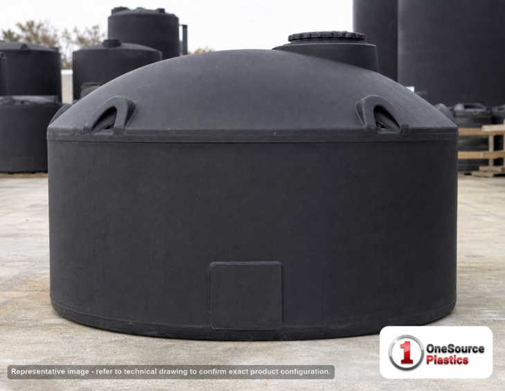Snyder Industries 1100 Gallon ASTM XLPE Black Heavy Duty Vertical Storage Tank. Crosslinked Linear Polyethylene; Black; dimensions 55.0in H x 86.0in W x 86.0in L; 180.0 lb empty; 1.9 specific gravity rating; fittings: 1 Manway / Lid; max temp 140 deg  F / 60 deg  C; 3 Year Warranty. Manufacturer part number 1710000n48. Manufactured by Snyder. Sold by OneSource Plastics (https://www.onesourceplastics.com).
