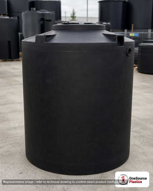 Snyder Industries 1000 Gallon ASTM XLPE Black Vertical Storage Tank. Crosslinked Linear Polyethylene; Black; dimensions 89.0in H x 60.0in W x 60.0in L; 260.0 lb empty; 1.5 specific gravity rating; fittings: 1 Manway / Lid; max temp 140 deg  F / 60 deg  C; 3 Year Warranty. Manufacturer part number 1831000n46. Manufactured by Snyder. Sold by OneSource Plastics (https://www.onesourceplastics.com).