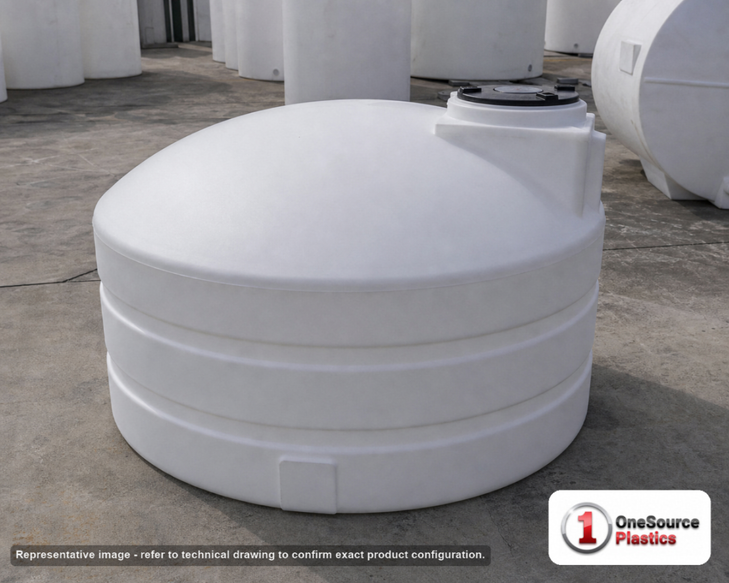 Snyder Industries 1100 Gallon ASTM XLPE Heavy Duty Vertical Storage Tank. Crosslinked Linear Polyethylene; Natural White; dimensions 55.0in H x 86.0in W x 86.0in L; 210.0 lb empty; 1.9 specific gravity rating; fittings: 1 Manway / Lid; max temp 140 deg  F / 60 deg  C; 3 Year Warranty. Manufacturer part number 8120000n42. Manufactured by Snyder. Sold by OneSource Plastics (https://www.onesourceplastics.com).