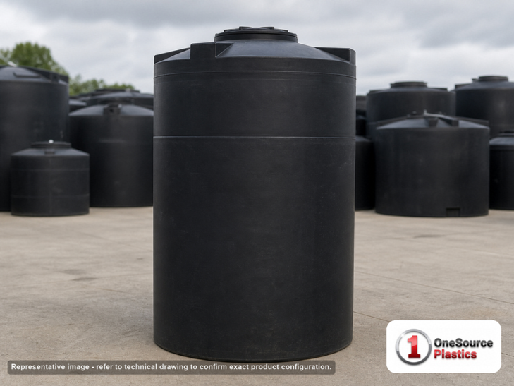 Snyder Industries 1200 Gallon ASTM Black Vertical Storage Tank. Polyethylene; Black; dimensions 109.0in H x 60.0in W x 60.0in L; 300.0 lb empty; 1.5 specific gravity rating; fittings: 1 Manway / Lid; max temp 120 deg  F / 48 deg  C; 3 Year Warranty. Manufacturer part number 1830200n49. Manufactured by Snyder. Sold by OneSource Plastics (https://www.onesourceplastics.com).
