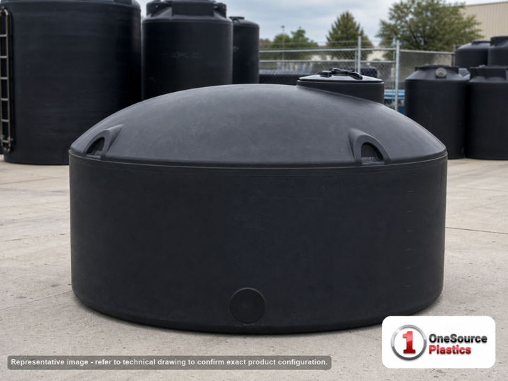 Snyder Industries 1100 Gallon ASTM Black Heavy Duty Vertical Storage Tank. Polyethylene; Black; dimensions 55.0in H x 86.0in W x 86.0in L; 180.0 lb empty; 1.9 specific gravity rating; fittings: 1 Manway / Lid; max temp 120 deg  F / 48 deg  C; 3 Year Warranty. Manufacturer part number 1710000n51. Manufactured by Snyder. Sold by OneSource Plastics (https://www.onesourceplastics.com).