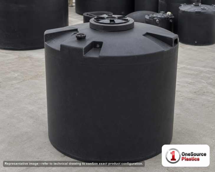 Snyder Industries 710 Gallon ASTM Black Heavy Duty Vertical Storage Tank. High Density Linear Polyethylene; Black; dimensions 68.0in H x 60.0in W x 60.0in L; 185.0 lb empty; 1.9 specific gravity rating; fittings: 1 Manway / Lid; max temp 120 deg  F / 48 deg  C; 3 Year Warranty. Manufacturer part number 1700200n51. Manufactured by Snyder. Sold by OneSource Plastics (https://www.onesourceplastics.com).