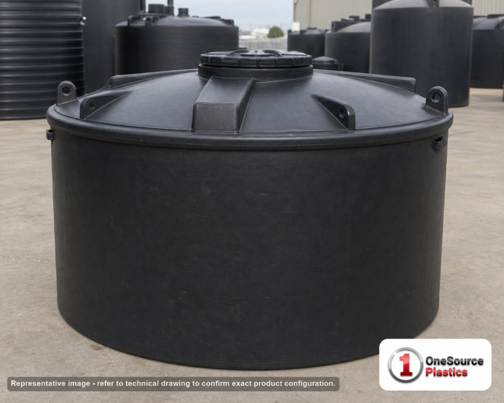 Snyder Industries 1500 Gallon ASTM HDPE Black Heavy Duty Vertical Storage Tank. High Density Linear Polyethylene; Black; dimensions 77.0in H x 89.0in W x 89.0in L; 400.0 lb empty; 1.9 specific gravity rating; fittings: 1 Manway / Lid; max temp 120 deg  F / 48 deg  C; 3 Year Warranty. Manufacturer part number 5990300n51. Manufactured by Snyder. Sold by OneSource Plastics (https://www.onesourceplastics.com).