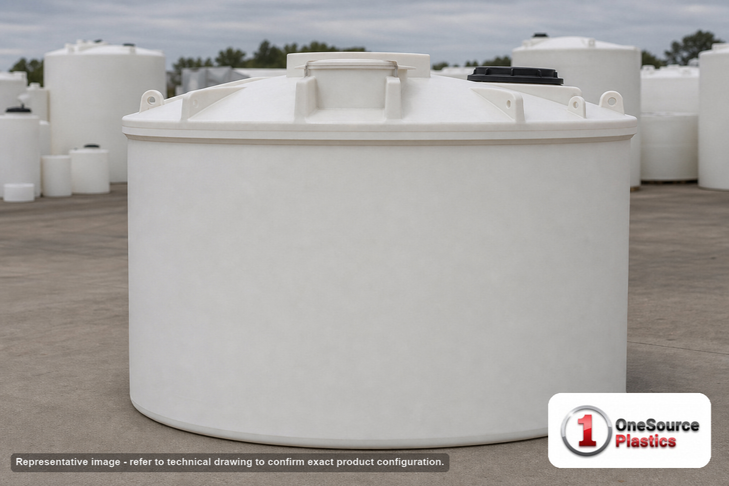 Snyder Industries 1500 Gallon ASTM HDPE Heavy Duty Vertical Storage Tank. High Density Linear Polyethylene; Natural White; dimensions 77.0in H x 89.0in W x 89.0in L; 400.0 lb empty; 1.9 specific gravity rating; fittings: 1 Manway / Lid; max temp 120 deg  F / 48 deg  C; 3 Year Warranty. Manufacturer part number 5990300n45. Manufactured by Snyder. Sold by OneSource Plastics (https://www.onesourceplastics.com).