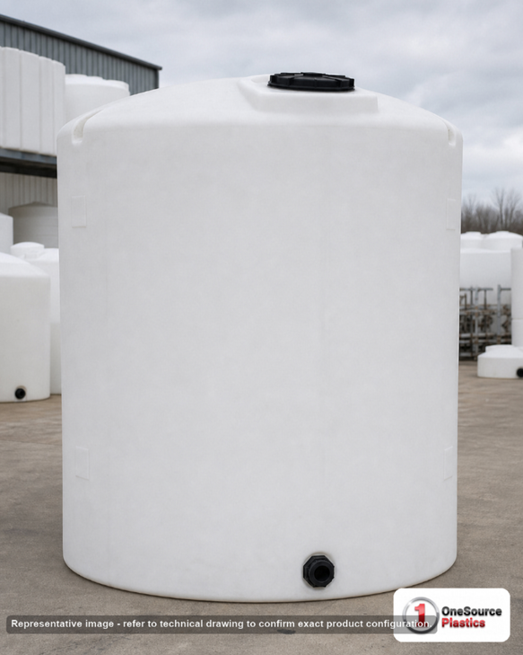 Chem-Tainer 6400 Gallon Vertical Storage Tank. Polyethylene; Natural White; 150" H x 120" W x 120" L; fittings: 1 Outlet, 1