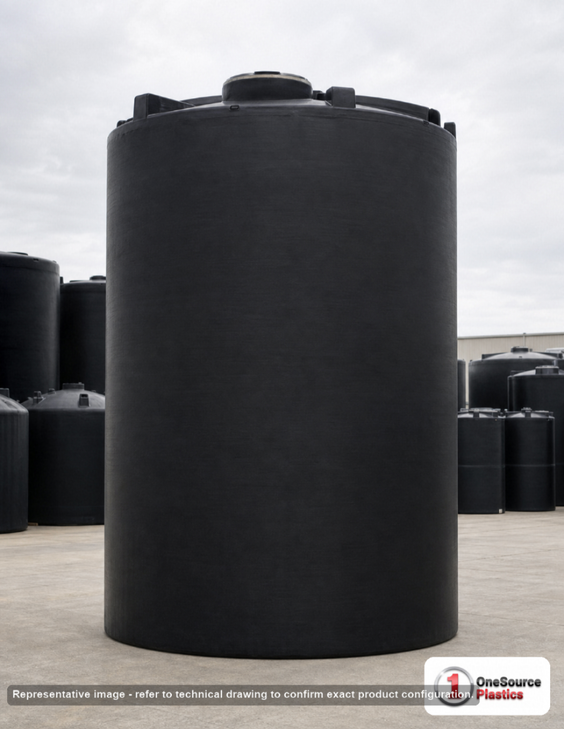 Snyder Industries 15000 Gallon Black Heavy Duty Vertical Storage Tank. Polyethylene; Black; dimensions 234.0in H x 142.0in W x 142.0in L; 4400.0 lb empty; 1.9 specific gravity rating; fittings: 1 Manway / Lid; max temp 120 deg  F / 48 deg  C; 3 Year Warranty. Manufacturer part number 5370000C34. Sold by OneSource Plastics (https://www.onesourceplastics.com).