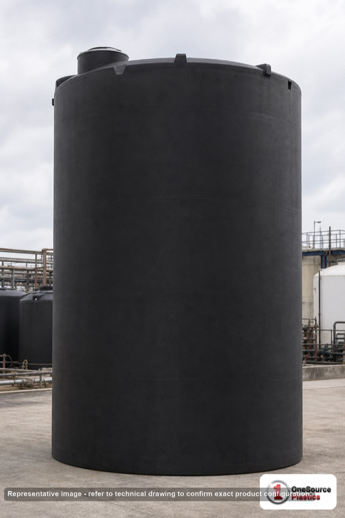 Snyder Industries 16500 Gallon Black Vertical Storage Tank. Polyethylene; Black; dimensions 257.0in H x 142.0in W x 142.0in L; 5100.0 lb empty; 1.5 specific gravity rating; fittings: 1 Manway / Lid; max temp 120 deg  F / 48 deg  C; 3 Year Warranty. Manufacturer part number 5380000C37-BLACK. Sold by OneSource Plastics (https://www.onesourceplastics.com).