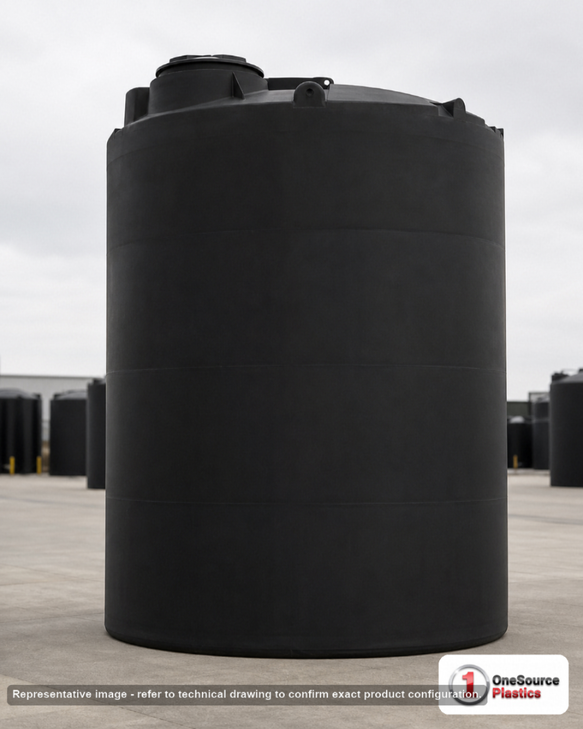 Snyder Industries 15000 Gallon Black Vertical Storage Tank. Polyethylene; Black; dimensions 234.0in H x 142.0in W x 142.0in L; 4400.0 lb empty; 1.5 specific gravity rating; fittings: 1 Manway / Lid; max temp 120 deg  F / 48 deg  C; 3 Year Warranty. Manufacturer part number 5370000C37-BLACK. Sold by OneSource Plastics (https://www.onesourceplastics.com).