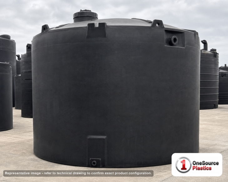 Snyder Industries 12500 Gallon ASTM XLPE Black Heavy Duty Vertical Storage Tank. Crosslinked Linear Polyethylene; Black; dimensions 198.0in H x 142.0in W x 142.0in L; 4200.0 lb empty; 1.9 specific gravity rating; fittings: 1 Manway / Lid; max temp 140 deg  F / 60 deg  C; 3 Year Warranty. Manufacturer part number 5350000n48. Manufactured by Snyder. Sold by OneSource Plastics (https://www.onesourceplastics.com).