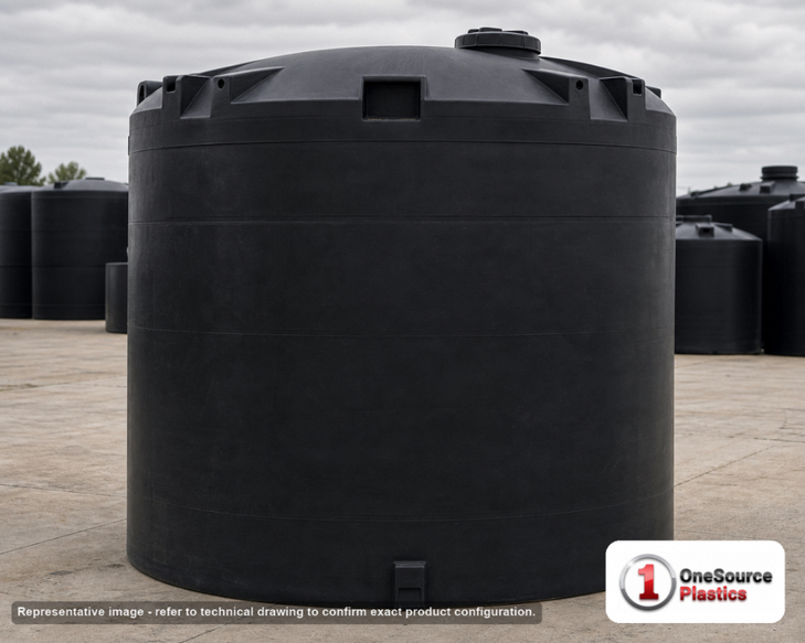 Snyder Industries 8000 Gallon ASTM XLPE Black Heavy Duty Vertical Storage Tank. Crosslinked Linear Polyethylene; Black; dimensions 186.0in H x 120.0in W x 120.0in L; 2300.0 lb empty; 1.9 specific gravity rating; fittings: 1 Manway / Lid; max temp 140 deg  F / 60 deg  C; 3 Year Warranty. Manufacturer part number 5300600n48. Manufactured by Snyder. Sold by OneSource Plastics (https://www.onesourceplastics.com).