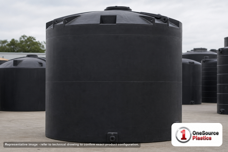 Snyder Industries 8000 Gallon ASTM XLPE Black Vertical Storage Tank. Crosslinked Linear Polyethylene; Black; dimensions 186.0in H x 120.0in W x 120.0in L; 1900.0 lb empty; 1.5 specific gravity rating; fittings: 1 Manway / Lid; max temp 140 deg  F / 60 deg  C; 3 Year Warranty. Manufacturer part number 5300600n46. Manufactured by Snyder. Sold by OneSource Plastics (https://www.onesourceplastics.com).