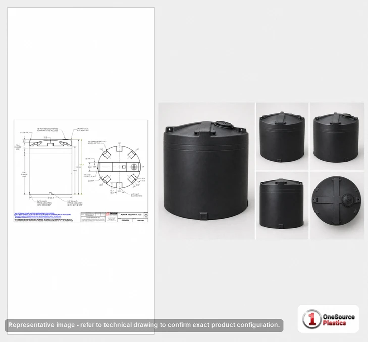 Dimensional spec drawing for Snyder 6600 Gallon Vertical Storage Tank (120" L x 120" W x 158" H)